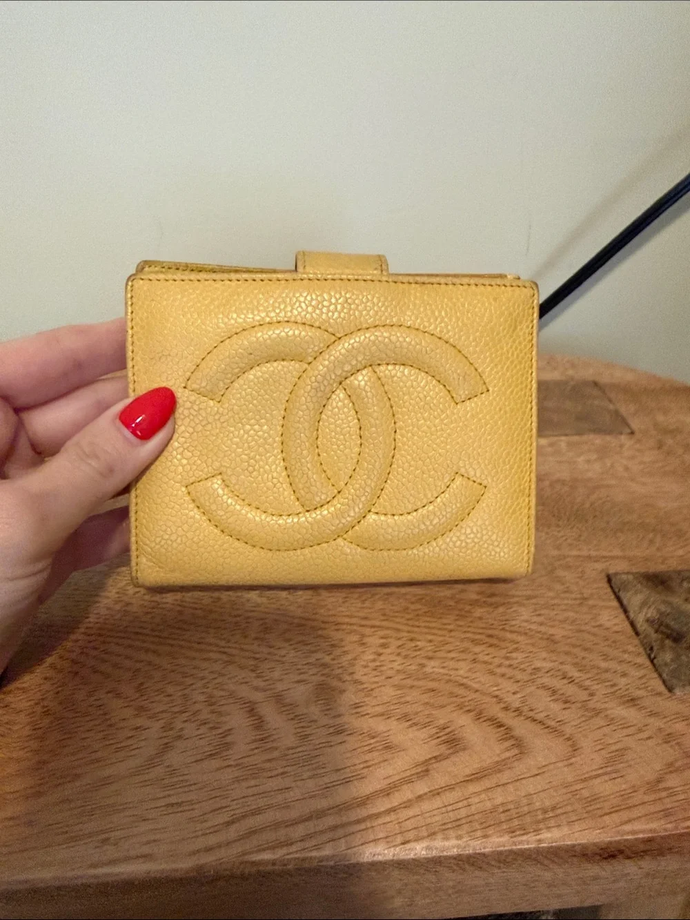CHANEL Yellow Caviar Leather Compact Wallet with Embossed CC